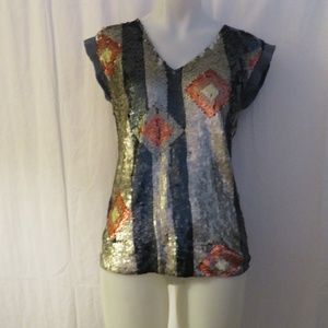 WOMENS APRIL, MAY GRAY/BLUE/RUST SEQUIN CAP SLEEVE